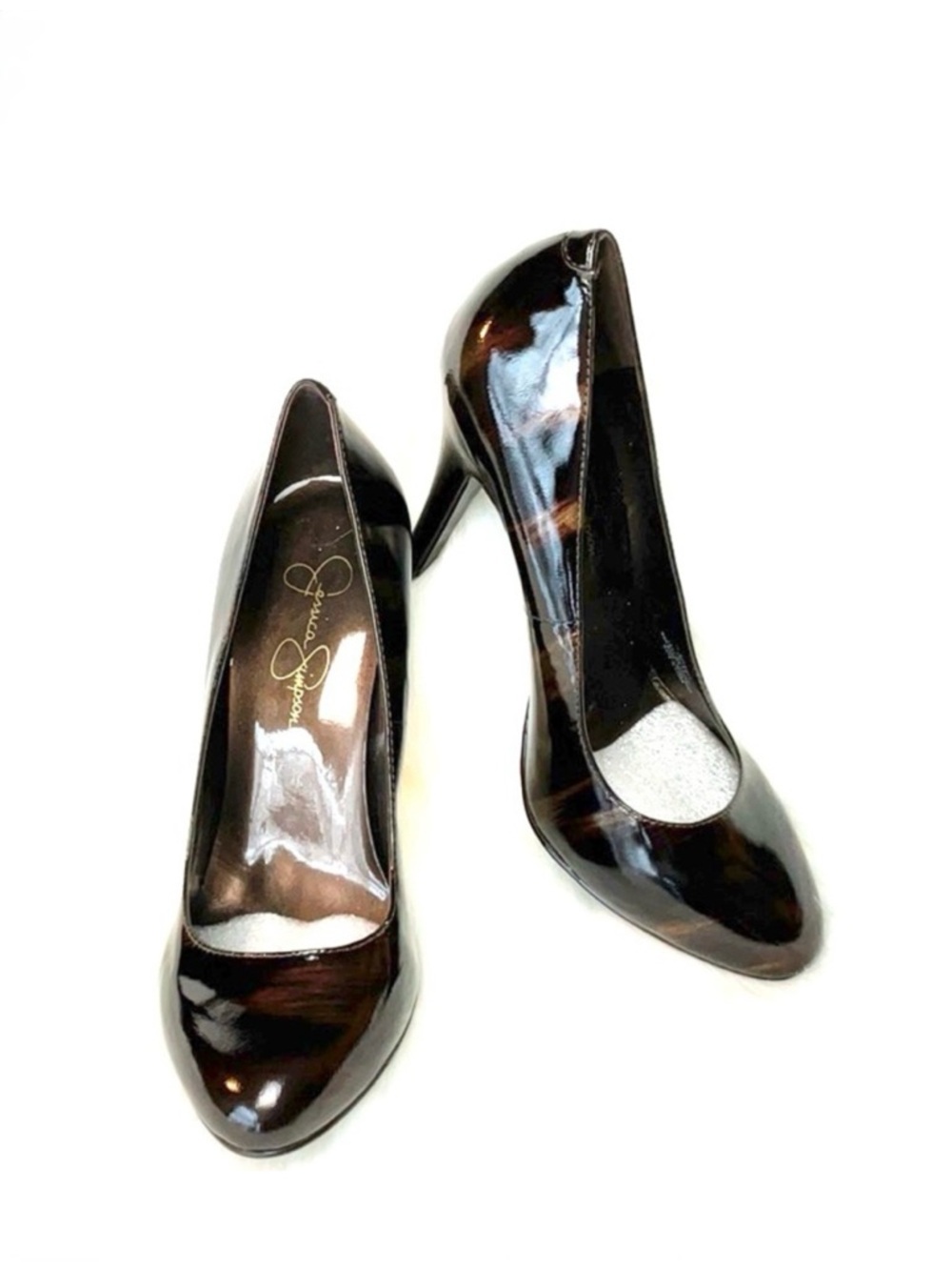 JESSICA SIMPSON BROWN PATENT PRINT PUMPS